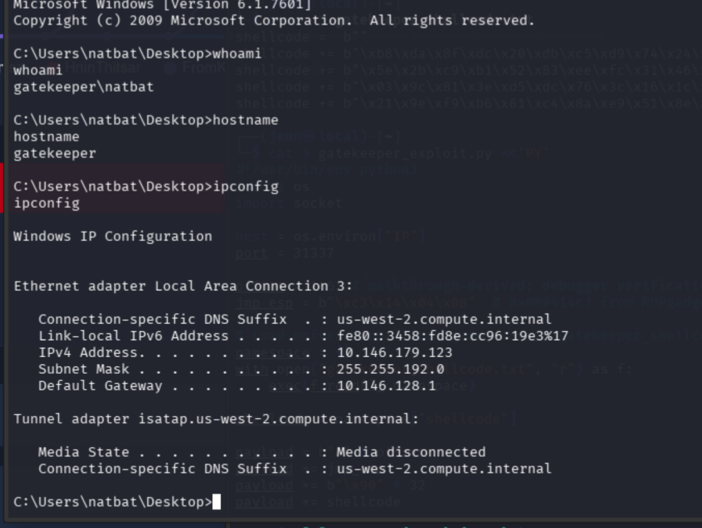 whoami, hostname, and ipconfig output confirming shell as natbat on GATEKEEPER